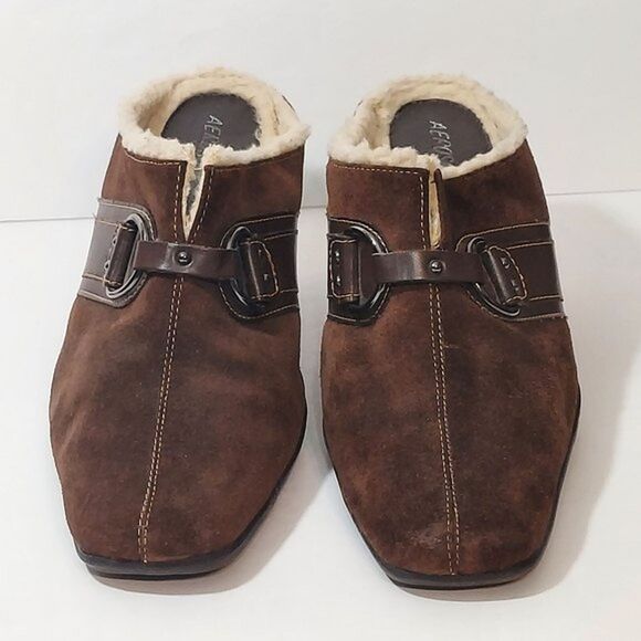 AEROSOLES Womens Mules Size 9M Brown Suede and Vegan Leather Heel Clogs Fleece - Picture 3 of 9